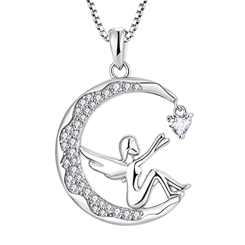 FJ Schutzengel Kette Damen 925 Sterling Silber Engel Anhänger Halskette Mond Kette Weiß Zirkonia April Geburtsstein Kette Engel Schmuck Geschenke für Frauen Mädchen von FJ