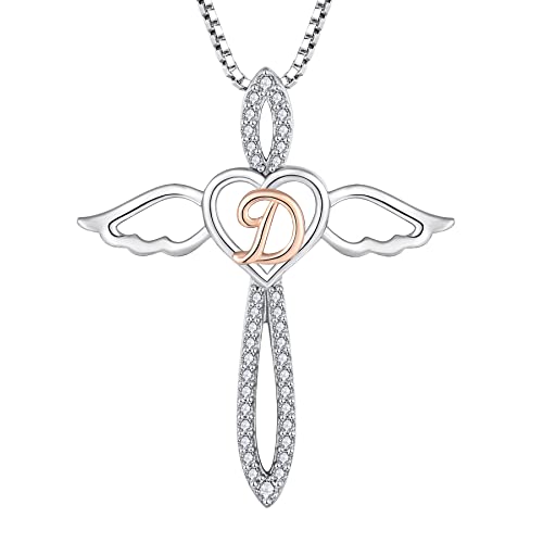 FJ Buchstabe D Kette Anhänger Damen 925 Sterling Silber Schutzengel Halskette Initiale Alphabet Personalisierte Kette mit Zirkonia Schmuck Geschenke für Frauen Mädchen von FJ