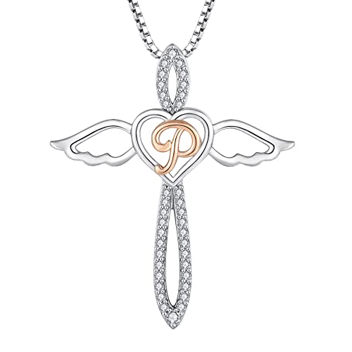 FJ Buchstabe P Kette Anhänger Damen 925 Sterling Silber Schutzengel Halskette Initiale Alphabet Personalisierte Kette mit Zirkonia Schmuck Geschenke für Frauen Mädchen von FJ