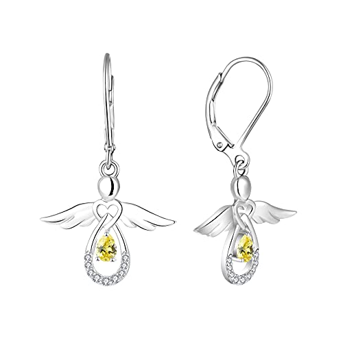 FJ Damen Schutzengel Ohrringe 925 Sterling Silber Engel Hängend Ohrringe Citrin November Geburtsstein Ohrringe Schmuck Geschenke für Frauen Mädchen von FJ