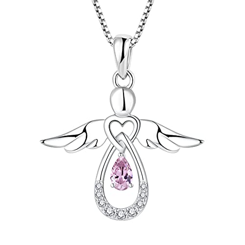 FJ Damen Kette Schutzengel Anhänger Halskette 925 Sterling Silber Engel Kette Rosa Turmalin Oktober Geburtsstein Halskette Schmuck Geschenke für Frauen Mädchen von FJ