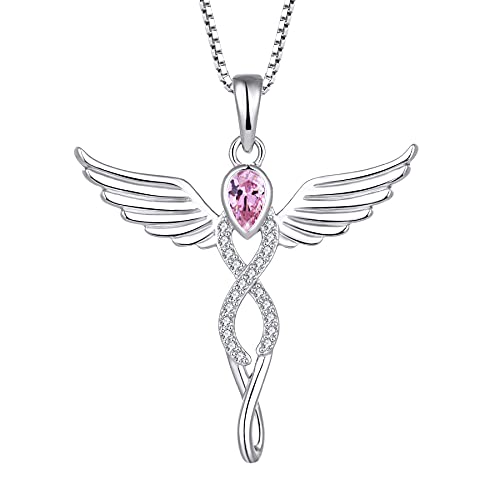 FJ Engelsflügel Kette Damen 925 Sterling Silber Schutzengel Anhänger Halskette Infinity Unendlichkeit Kette Rosa Turmalin Oktober Geburtsstein Kette Schmuck Geschenke für Frauen Mädchen von FJ