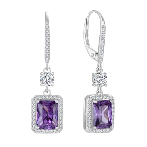 FJ Quadrat Prinzessschliff Hängend Ohrringe Damen 925 Sterling Silber Solitaire Halo Amethyst Ohrringe Februar Geburtsstein Schmuck Geschenke für Frauen von FJ