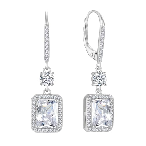 FJ Quadrat Prinzessschliff Hängend Ohrringe Damen 925 Sterling Silber Solitaire Halo Cubic Zirkonia Ohrringe April Geburtsstein Schmuck Geschenke für Frauen von FJ