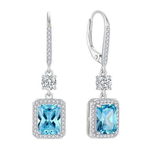 FJ Quadrat Prinzessschliff Hängend Ohrringe Damen 925 Sterling Silber Solitaire Halo Aquamarin Ohrringe März Geburtsstein Schmuck Geschenke für Frauen von FJ