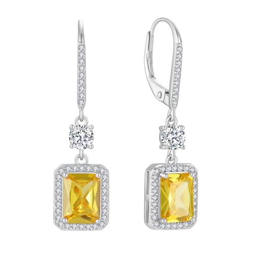 FJ Quadrat Prinzessschliff Hängend Ohrringe Damen 925 Sterling Silber Solitaire Halo Citrin Ohrringe November Geburtsstein Schmuck Geschenke für Frauen von FJ