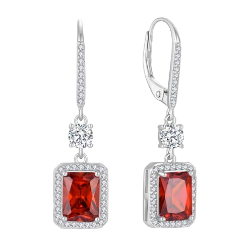 FJ Quadrat Prinzessschliff Hängend Ohrringe Damen 925 Sterling Silber Solitaire Halo Granat Ohrringe Januar Geburtsstein Schmuck Geschenke für Frauen von FJ