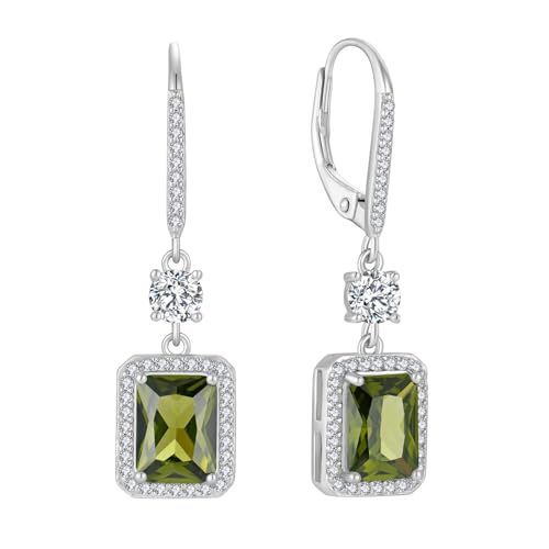 FJ Quadrat Prinzessschliff Hängend Ohrringe Damen 925 Sterling Silber Solitaire Halo Peridot Ohrringe August Geburtsstein Schmuck Geschenke für Frauen von FJ