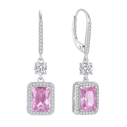 FJ Hängend Ohrringe Prinzessin Geschnitten Halo 925 Sterling Silber Rosa Turmalin Ohrringe Oktober Geburtsstein Schmuck Geschenke für Damen Frauen Mutter Freundin Mama von FJ