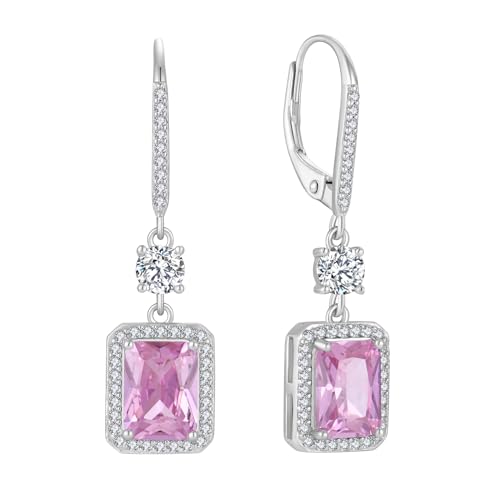 FJ Quadrat Prinzessschliff Hängend Ohrringe Damen 925 Sterling Silber Solitaire Halo Rosa Turmalin Ohrringe Oktober Geburtsstein Schmuck Geschenke für Frauen von FJ