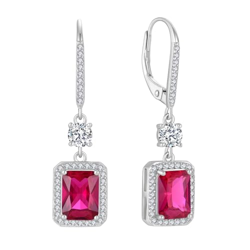 FJ Hängend Ohrringe Prinzessin Geschnitten Halo 925 Sterling Silber Rubin Ohrringe Juli Geburtsstein Schmuck Geschenke für Damen Frauen Mutter Freundin Mama von FJ