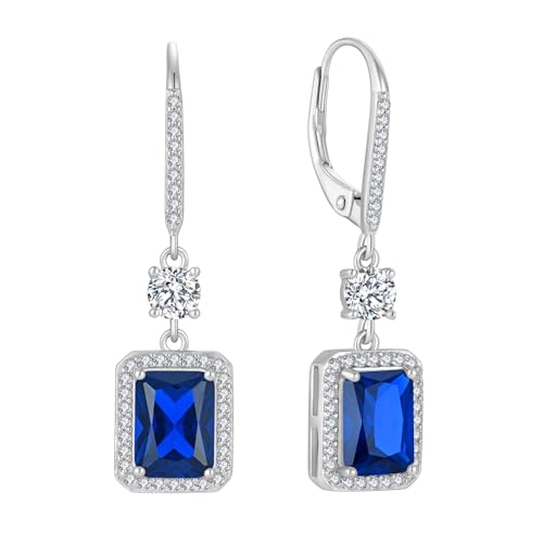 FJ Quadrat Prinzessschliff Hängend Ohrringe Damen 925 Sterling Silber Solitaire Halo Blau Saphir Ohrringe September Geburtsstein Schmuck Geschenke für Frauen von FJ