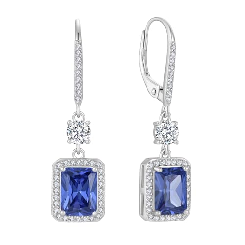 FJ Quadrat Prinzessschliff Hängend Ohrringe Damen 925 Sterling Silber Solitaire Halo Tansanit Ohrringe Dezember Geburtsstein Schmuck Geschenke für Frauen von FJ
