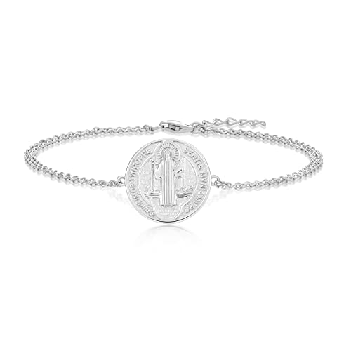 FJ Heiliger Benedikt Armband 925 Sterling Silber Heiliger Benedikt Armband Runde Münze Antiqued Religious Protector Talisman Armband für Herren Damen von FJ