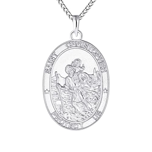 FJ Heiliger Christophorus Kette Herren Damen 925 Sterling Silber Heiliger Christophorus Anhänger Halskette St Christopher Schmuck für Frauen Männer 24" Kette (Oval) von FJ