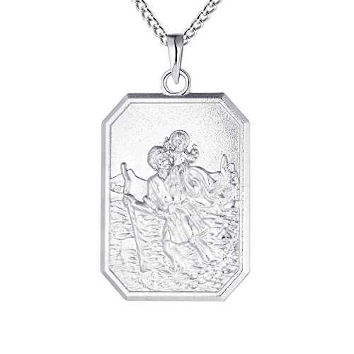 FJ Heiliger Christophorus Kette Herren Damen 925 Sterling Silber Heiliger Christophorus Anhänger Halskette St Christopher Schmuck für Frauen Männer 24" Kette (Quadratisch) von FJ