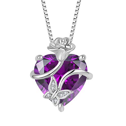 FJ Herz Amethyst Kette Februar Geburtsstein Halskette Damen 925 Sterling Silber Schmetterling Kette Anhänger Rose Blume Schmuck Geschenke für Frauen Mutter Freundin Mama von FJ