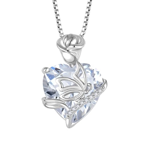 FJ Herz April Geburtsstein Kette Damen 925 Sterling Silber Schmetterling Kette Anhänger Rose Blume Halskette Schmuck Geschenke für Frauen Mutter Freundin Mama von FJ