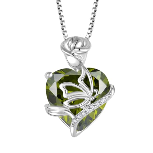FJ Herz August Geburtsstein Kette Damen 925 Sterling Silber Peridot Kette Anhänger Schmetterling Rose Blume Halskette Schmuck Geschenke für Damen Frauen Mutter Freundin Mama von FJ