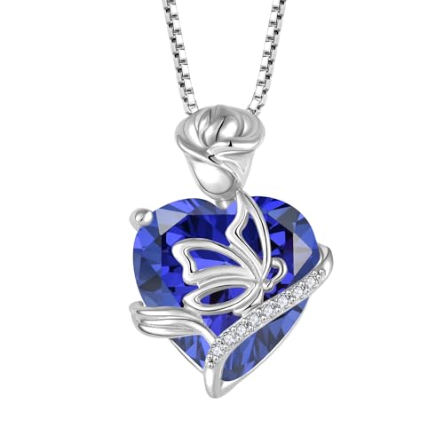 FJ Herz Dezember Geburtsstein Kette Damen 925 Sterling Silber Tansanit Kette Anhänger Schmetterling Rose Blume Halskette Schmuck Geschenke für Damen Frauen Mutter Freundin Mama von FJ