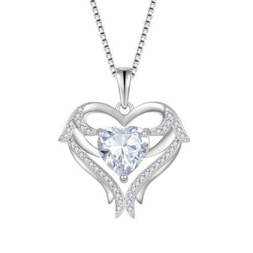 FJ Herz Engelsflügel Halskette Damen 925 Sterling Silber April Geburtsstein Kette Zirkonia Edelstein Anhänger Schmuck für Frauen Mutter Freundin Mama von FJ