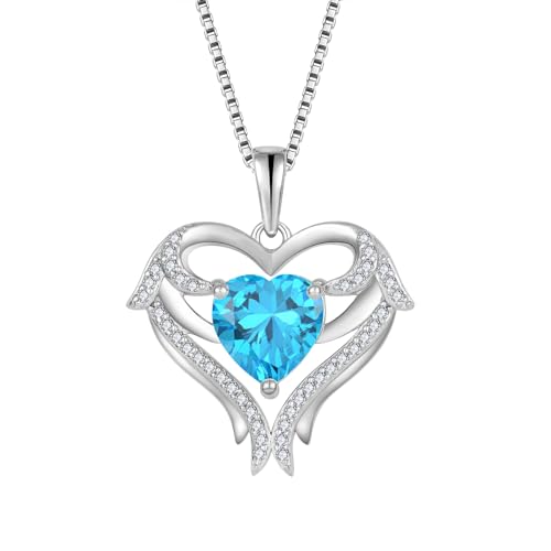 FJ Herz Engelsflügel Halskette Damen 925 Sterling Silber Aquamarin Kette März Geburtsstein Anhänger Schmuck für Frauen Mutter Freundin Mama von FJ