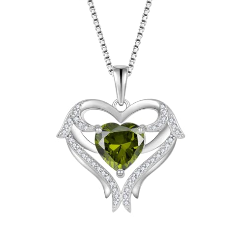 FJ Herz Engelsflügel Halskette Damen 925 Sterling Silber Peridot Kette August Geburtsstein Anhänger Schmuck für Frauen Mutter Freundin Mama von FJ