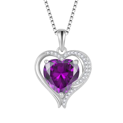 FJ Herz Engelsflügel Kette Damen 925 Sterling Silber Amethyst Kette Anhänger Februar Geburtsstein Halskette Schmuck für Frauen Mutter Freundin Mama von FJ