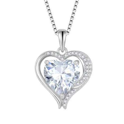 FJ Herz Engelsflügel Kette Damen 925 Sterling Silber April Geburtsstein Halskette Zirkonia Anhänger Edelstein Schmuck für Frauen Mutter Freundin Mama von FJ