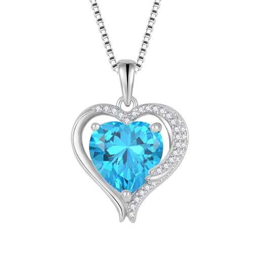 FJ Herz Engelsflügel Kette Damen 925 Sterling Silber Aquamarin Kette Anhänger März Geburtsstein Halskette Schmuck für Frauen Mutter Freundin Mama von FJ