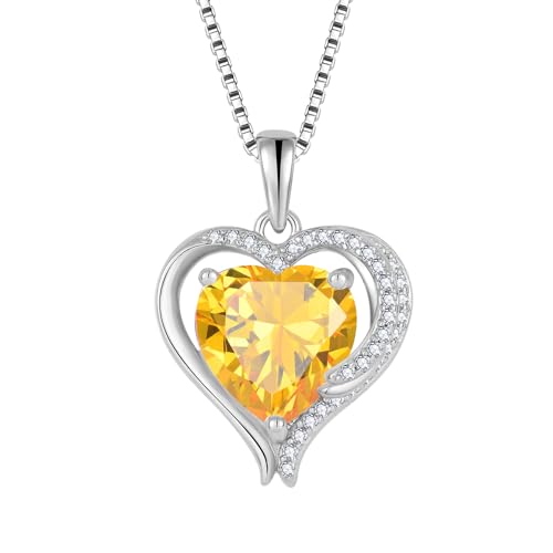 FJ Herz Engelsflügel Kette Damen 925 Sterling Silber Citrin Kette Anhänger November Geburtsstein Halskette Schmuck für Frauen Mutter Freundin Mama von FJ