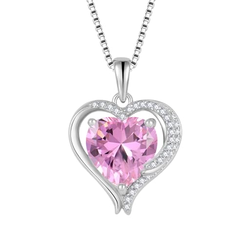 FJ Herz Engelsflügel Kette Damen 925 Sterling Silber Rosa Turmalin Kette Anhänger Oktober Geburtsstein Halskette Schmuck für Frauen Mutter Freundin Mama von FJ