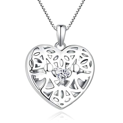 FJ Herz Foto Medaillon Anhänger Halskette Schutzengel Kette Damen 925 Sterling Silber Bilder Memory Medaillon Kette mit April Geburtsstein Weiß Zirkonia Schmuck Geschenke für Frauen Mädchen von FJ