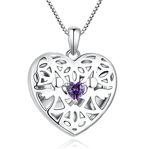 FJ Herz Foto Medaillon Anhänger Halskette Schutzengel Kette Damen 925 Sterling Silber Bilder Memory Medaillon Kette mit Februar Geburtsstein Amethyst Schmuck Geschenke für Frauen Mädchen von FJ