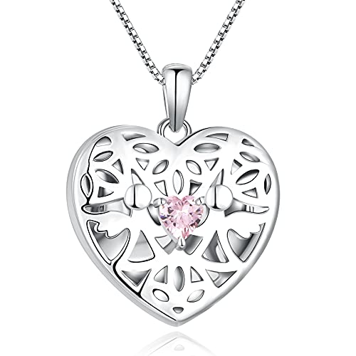 FJ Herz Foto Medaillon Anhänger Halskette Schutzengel Kette Damen 925 Sterling Silber Bilder Memory Medaillon Kette mit Oktober Geburtsstein Rosa Turmalin Schmuck Geschenke für Frauen Mädchen von FJ