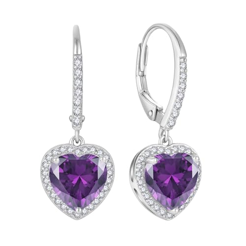 FJ Herz Hängend Ohrringe Damen 925 Sterling Silber Halo Ohrringe Amethyst Februar Geburtsstein Schmuck Geschenke für Frauen Mutter Freundin Mama von FJ