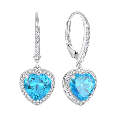 FJ Herz Hängend Ohrringe Damen 925 Sterling Silber Halo Ohrringe Aquamarin März Geburtsstein Schmuck Geschenke für Frauen Mutter Freundin Mama von FJ