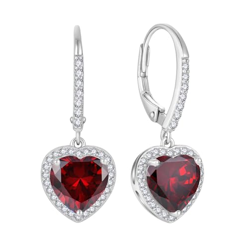 FJ Herz Hängend Ohrringe Damen 925 Sterling Silber Halo Ohrringe Granat Januar Geburtsstein Schmuck Geschenke für Frauen Mutter Freundin Mama von FJ