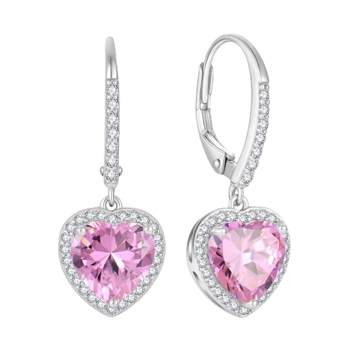 FJ Herz Hängend Ohrringe Damen 925 Sterling Silber Halo Ohrringe Rosa Turmalin Oktober Geburtsstein Schmuck Geschenke für Frauen Mutter Freundin Mama von FJ