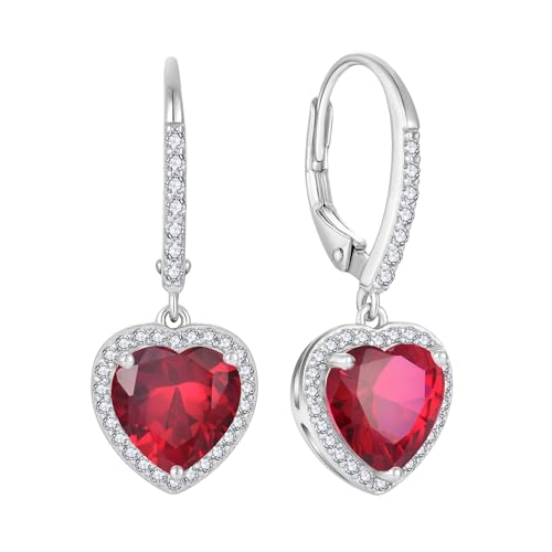 FJ Herz Hängend Ohrringe Damen 925 Sterling Silber Halo Ohrringe Rubin Juli Geburtsstein Schmuck Geschenke für Frauen Mutter Freundin Mama von FJ