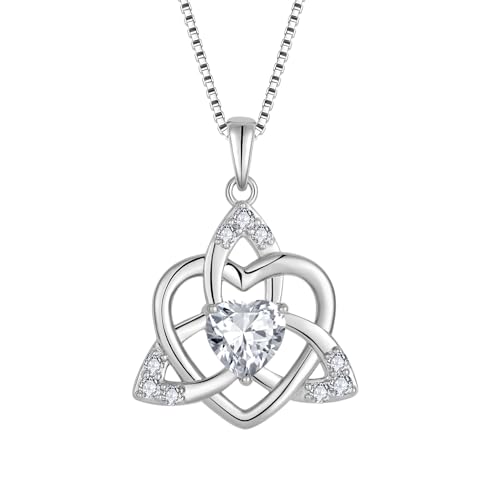 FJ Herz Keltischer Knoten Kette Damen 925 Sterling Silber April Geburtsstein Zirkonia Edelstein Halskette Irischer Glücksanhänger Anhänger Geschenke für Frauen Mutter Freundin Mama von FJ