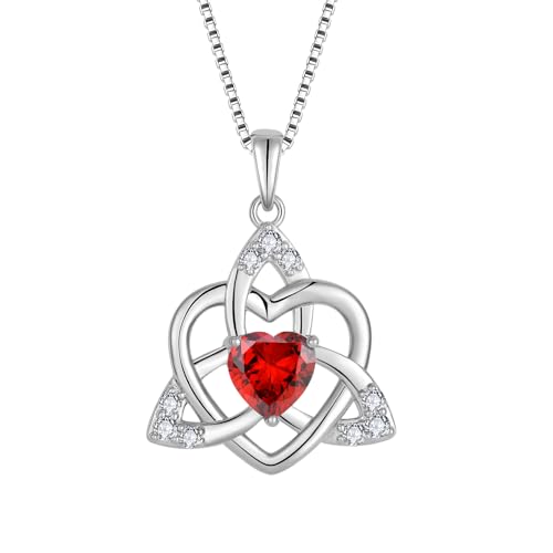 FJ Herz Keltischer Knoten Kette Damen 925 Sterling Silber Granat Halskette Januar Geburtsstein Anhänger Geschenke für Frauen Mutter Freundin Mama von FJ