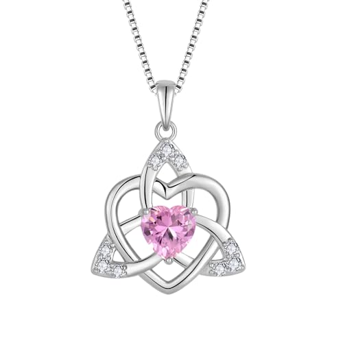 FJ Herz Keltischer Knoten Kette Damen 925 Sterling Silber Rosa Turmalin Halskette Oktober Geburtsstein Anhänger Geschenke für Frauen Mutter Freundin Mama von FJ