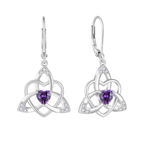 FJ Herz Keltischer Knoten Ohrringe Damen 925 Sterling Silber Hängend Ohrringe Amethyst Februar Geburtsstein Ohrringe Irischer Glücksschmuck Geschenke für Frauen von FJ