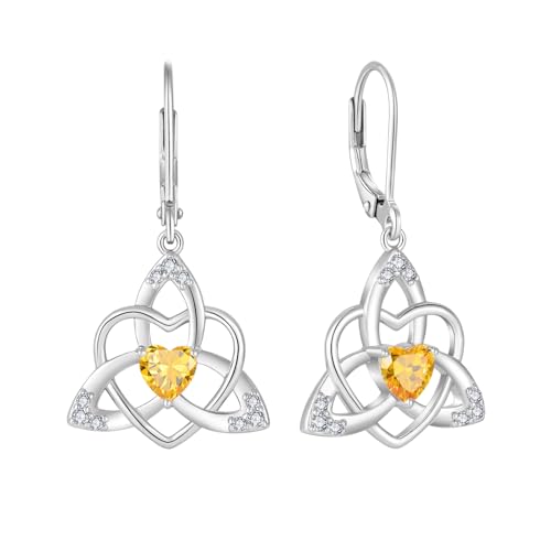 FJ Herz Keltischer Knoten Ohrringe Damen 925 Sterling Silber Hängend Ohrringe Citrin November Geburtsstein Ohrringe Irischer Glücksschmuck Geschenke für Frauen von FJ