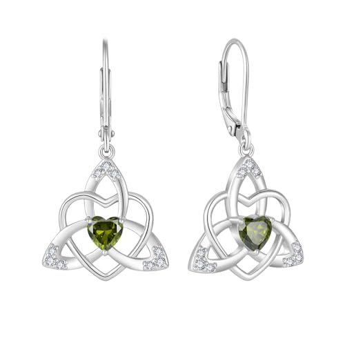 FJ Herz Keltischer Knoten Ohrringe Damen 925 Sterling Silber Hängend Ohrringe Peridot August Geburtsstein Ohrringe Irischer Glücksschmuck Geschenke für Frauen von FJ