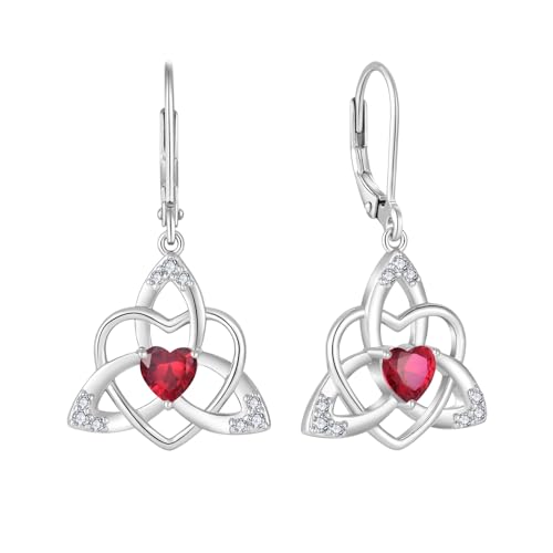 FJ Herz Keltischer Knoten Ohrringe Damen 925 Sterling Silber Hängend Ohrringe Rubin Juli Geburtsstein Ohrringe Irischer Glücksschmuck Geschenke für Frauen von FJ