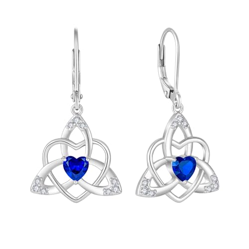 FJ Herz Keltischer Knoten Ohrringe Damen 925 Sterling Silber Hängend Ohrringe Saphir September Geburtsstein Ohrringe Irischer Glücksschmuck Geschenke für Frauen von FJ