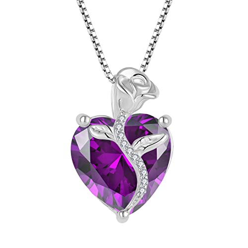 FJ Herz Kette Damen 925 Sterling Silber Amethyst Kette Februar Geburtsstein Halskette Anhänger Rose Blume Schmuck Geschenke für Frauen Mutter Freundin Mama von FJ