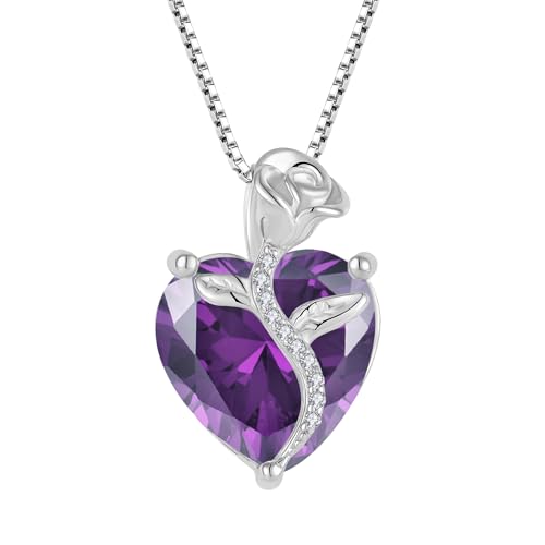 FJ Herz Kette Damen 925 Sterling Silber Amethyst Kette Februar Geburtsstein Halskette Anhänger Rose Blume Schmuck Geschenke für Frauen Mutter Freundin Mama von FJ